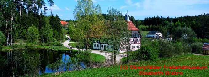 Blick in das Oberpfälzer Freilandmuseum mit der Rauberweihermühle und Teich